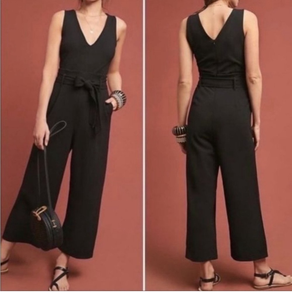 Anthropologie Black Sleeveless Paperbag Tie Waist Jumpsuit, Size Large